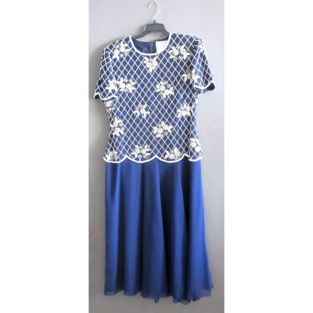 Papell Boutique Evening Women Dress Size 12 Blue Beaded Short Sleeves Lined
